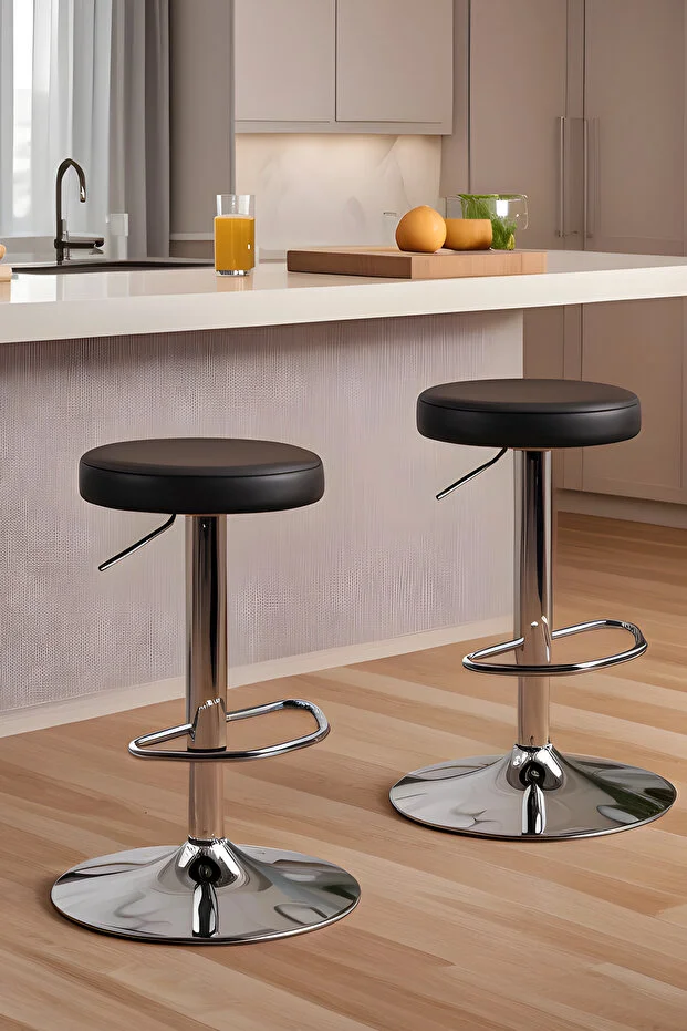 Loki Krom Tepsi Ayaklı Bar Sandalyesi (Siyah Deri)